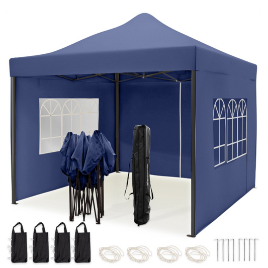 LifeGoods Partyzelt - Pavillon - 3x3 m - Seitenwände - leicht aufbaubar - faltbar - wasserdicht - Tragetasche mit Rädern - dunkelblau