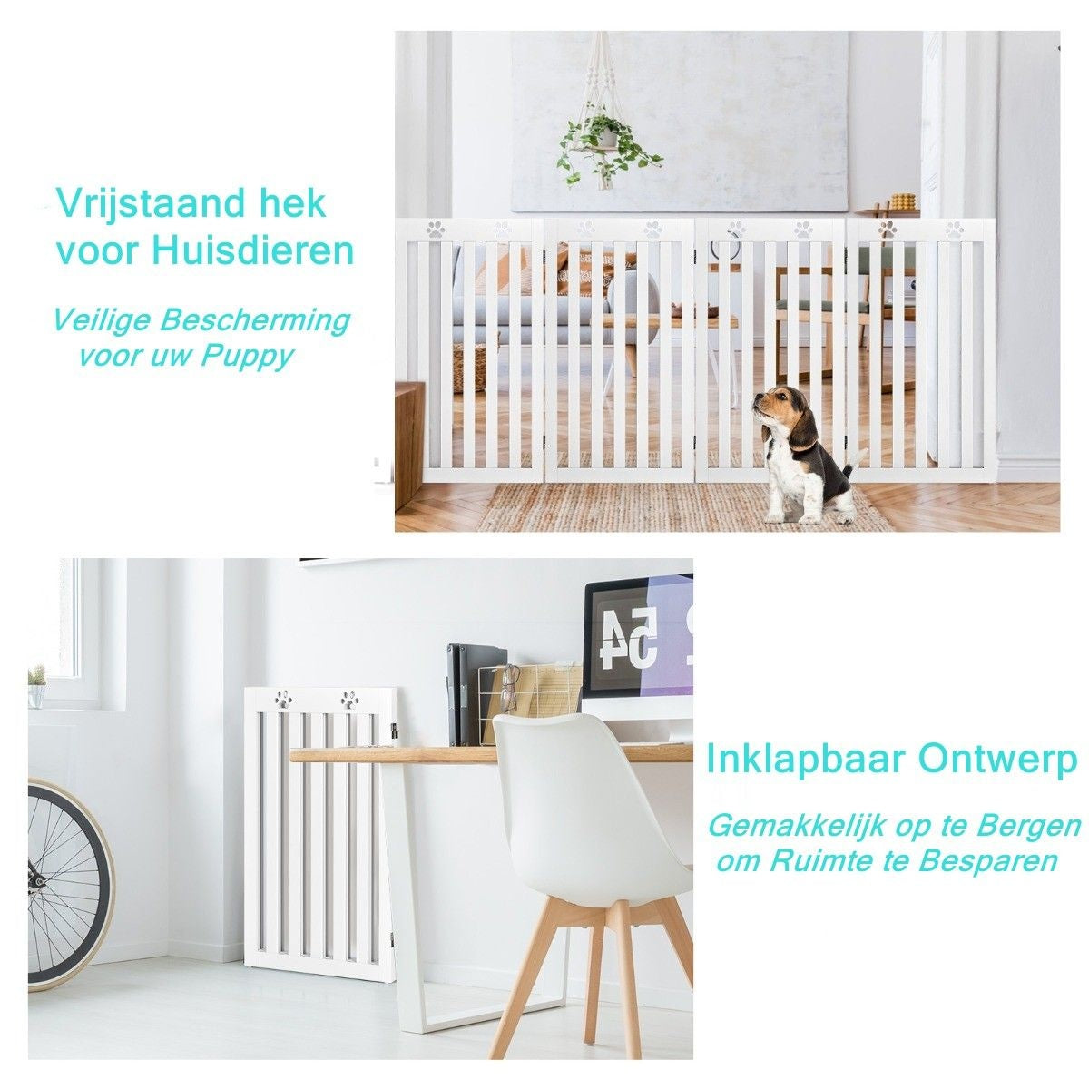Freistehender Hundezaun aus Holz Faltbarer 3-teiliger Hundezaun mit flexiblen Scharnieren Weiß