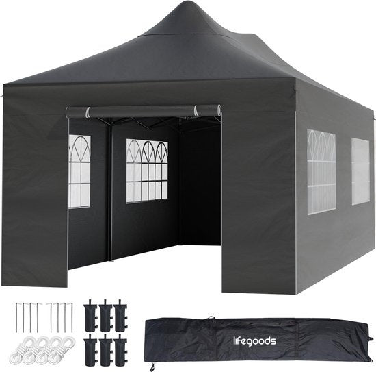 LifeGoods Partyzelt - 3x6 m - Seitenwände - Easy Up - Anthrazit