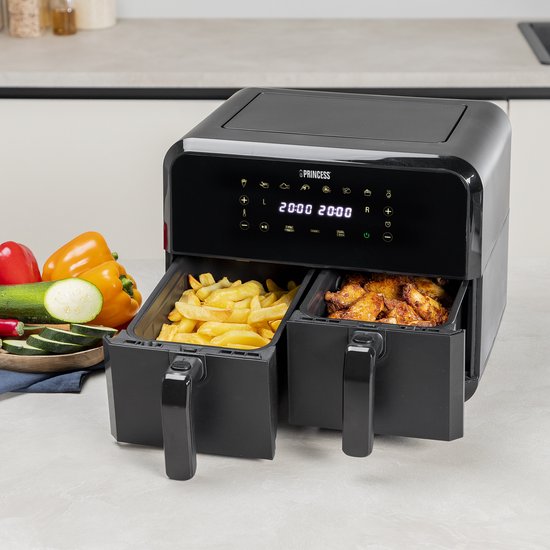 Princess Double Basket Airfryer 182068 - Double Airfryer - 8 Liter - 2 Körbe - XXL - 8 Programme - 2400W - Doppelte Heißluftfritteuse - Touchscreen - Schwarz - 80°C bis 220°C - Sync-Funktion