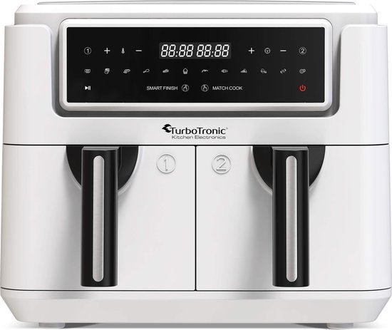 TurboTronic AF118 Double Airfryer XXL - Digitale Heißluftfritteuse - Doppelkorb - 7,6L - 2x 3,8L - 12 Programme - Touchscreen - Weiß