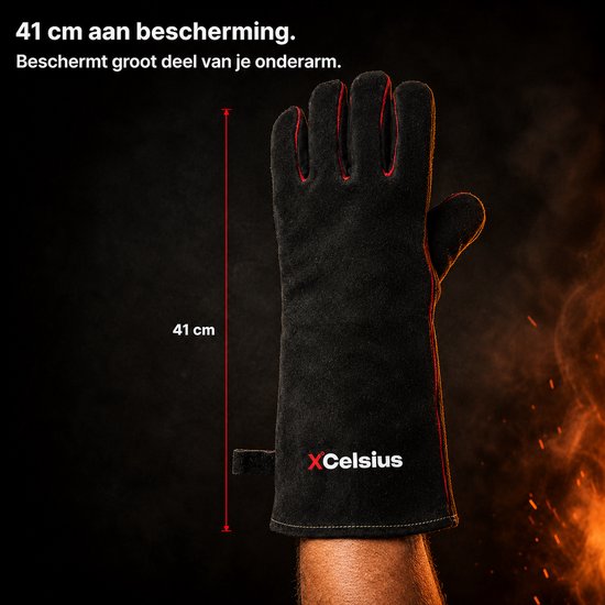 XCelsius® BBQ-Handschuhe aus Spaltleder – TÜV-zertifiziert nach EN 407 – Hitzebeständige Grill- und Ofenhandschuhe – Für Kamado, Gusseisen, Roste und Hitzeschilde – Geschenke für Männer – 1 Paar – Schwarz mit Rot
