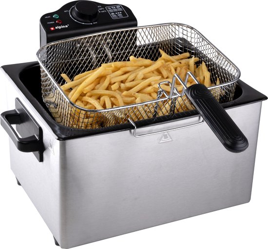 Alpina Frittierpfanne 5 Liter – Doppelte Fritteuse mit 3 Frittierkörben – Fritteuse mit einstellbarer Temperatur bis 190 °C – Frittierpfanne 2000 W – mit Sichtfenster – Edelstahl