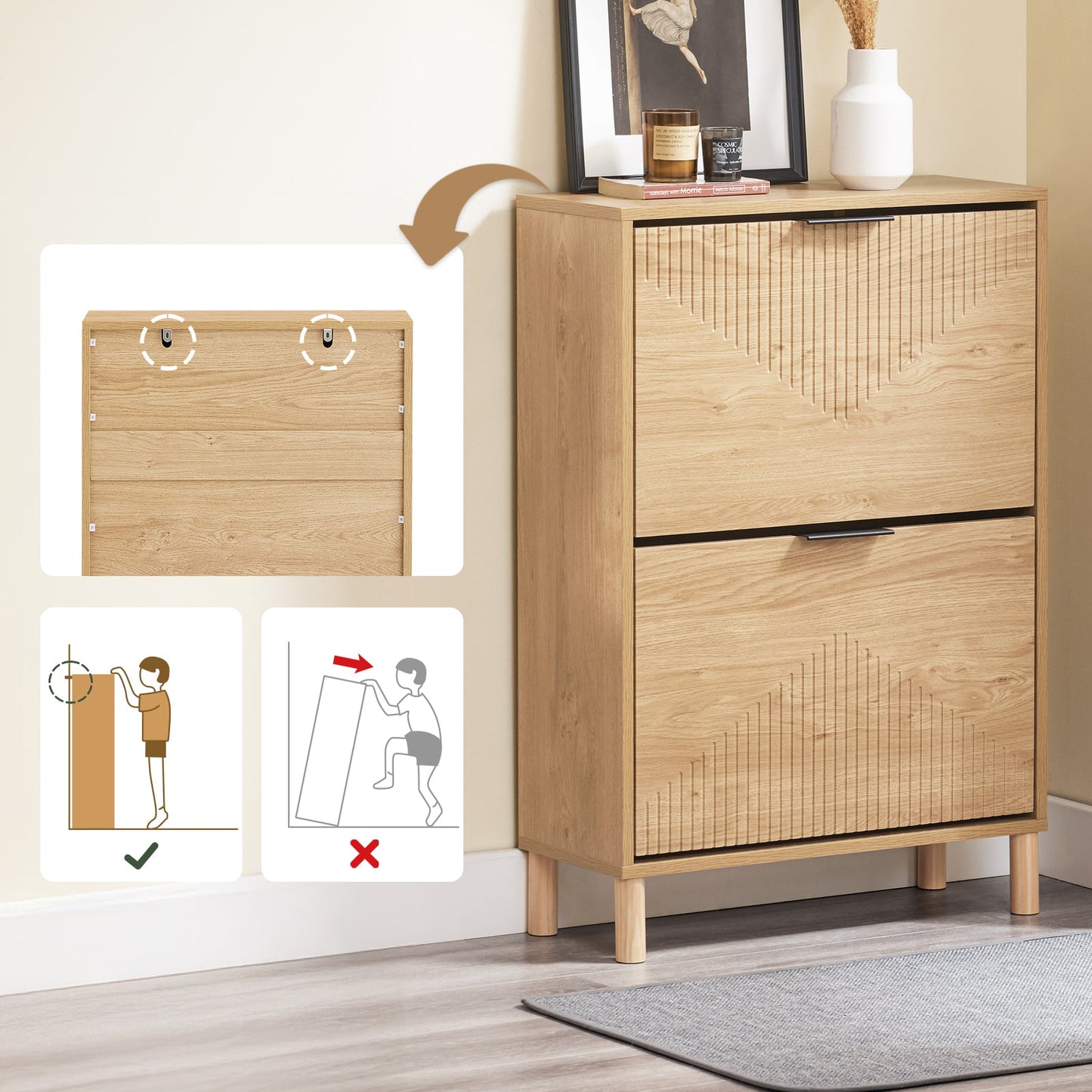 SoBuy FSR200-N Schuhschrank 60x24x88 cm - Helles Holz - Kompaktes Design mit 2 Klappen, Kippsicherung und Platz für 8 Paar Schuhe