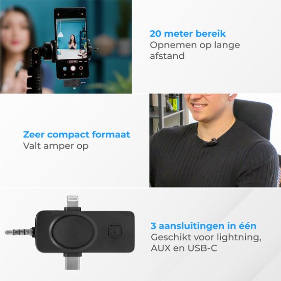 Nuvance - Drahtloses Mikrofon - 2 Stück - Geeignet für Klinke 3,5 mm, USB-C und Lightning - Krawattennadel-Mikrofon - Lavalier-Mikrofon Drahtlos - Mikrofone - Plug & Play