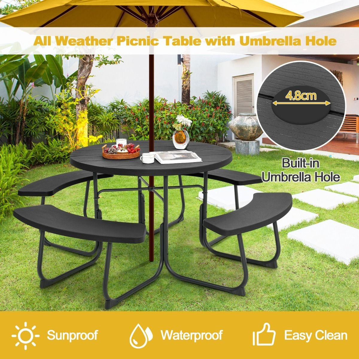 Coast Picknicktafel met 4 Banken - Rond - 8 Personen - Max. 225 kg per Bank - Ã˜190cm x 76 cm - Zwart