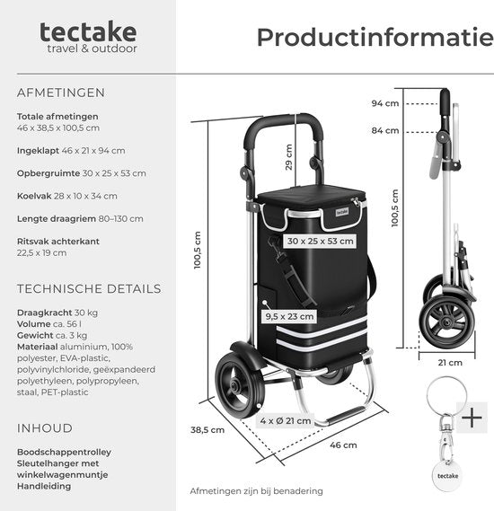 tectake® 3-in-1-Einkaufswagen mit Kühlfach – zusammenklappbar – 56 l Fassungsvermögen – Einkaufswagen – Einkaufstrolley - Auch als Sackkarre und Einkaufstasche verwendbar – Mit Schlüsselanhänger und Einkaufswagenmünze – Schwarz