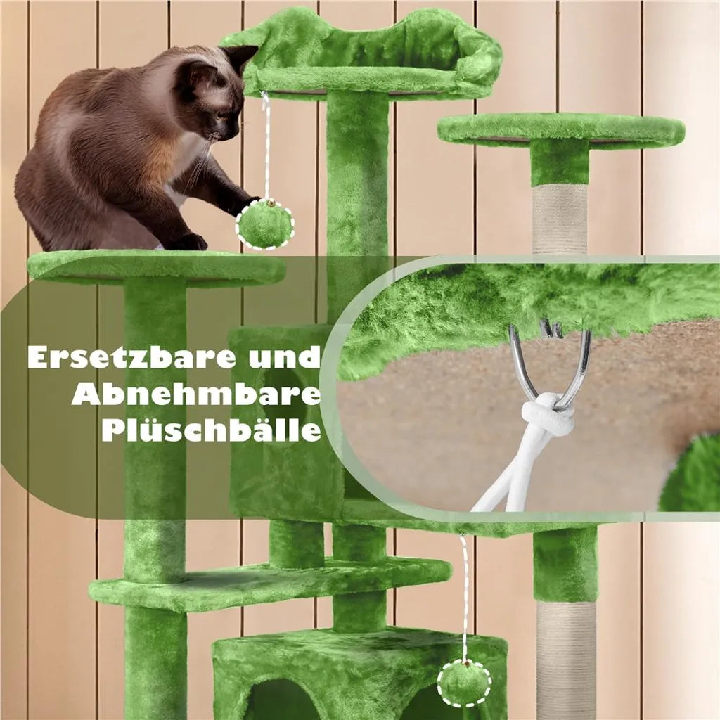 Yaheetech Kratzbaum mit 3 Liegeplattformen und 2 Schlafhöhlen – Grün – 49 x 49 x 139 cm