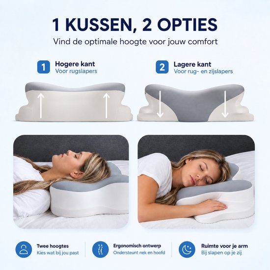 Ergonomisches Kopfkissen – 95 % Baumwolle - Kopfkissen bei Nackenbeschwerden – Schmetterlingskissen – Für Rücken-, Bauch- und Seitenschläfer – Memory-Schaum – Kissen aus Memory-Schaum – Schlafkissen – Kissen – Ergonomisches Kissen – Orthopädische Kissen –