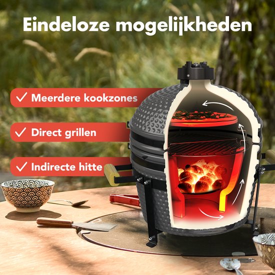 KitchenBrothers Kamado BBQ - 16-Zoll-Holzkohlegrill - 34⌀ cm - PFAS-frei - Deluxe-Set - Eiergrill mit Zubehör - Grau