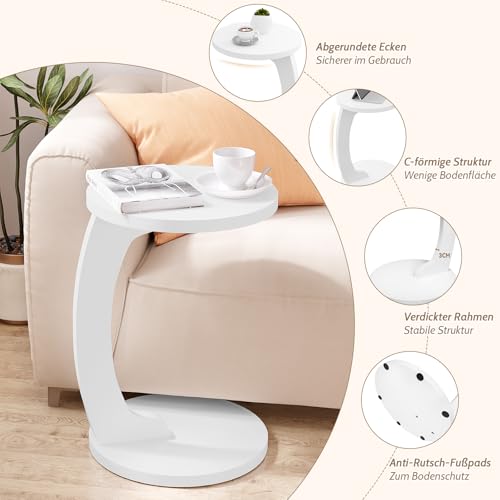 Woltu Beistelltisch C-Form - Runder Couchtisch - Skandinavisches Design - MDF Weiß - 38 x 55 cm
