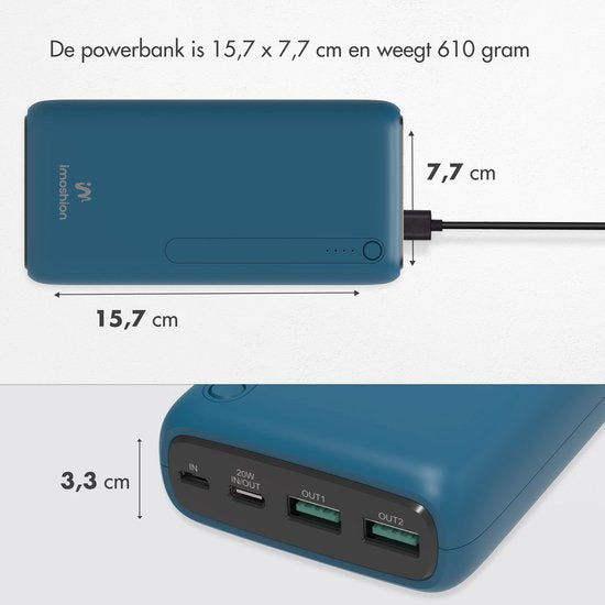 iMoshion® Powerbank 27000 mAh - Schnelles Ladegerät & Batterieanzeige - Geeignet für iPhone & Samsung, u.a. - 18 Watt - USB A, USB C & Micro USB - Blau