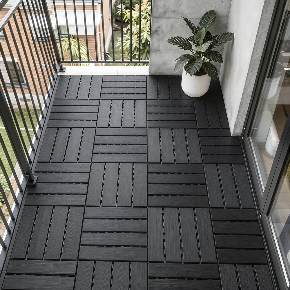 Sobuy Kunststoff-Terrassenfliesen Schwarz – Klicksystem – Holzmaserung – Für Balkon und Terrasse