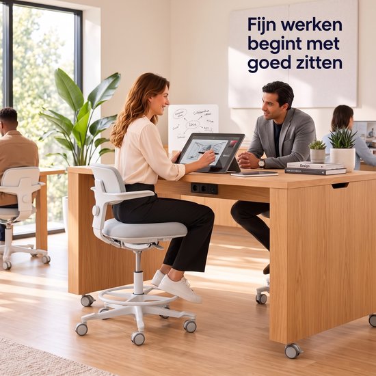 Backerz Ergonomischer Arbeitshocker mit Fußstützring – Bürostühle für Erwachsene – Vollständig verstellbar, bis 120 kg – Bürostuhl – Gaming-Stuhl – Weiß