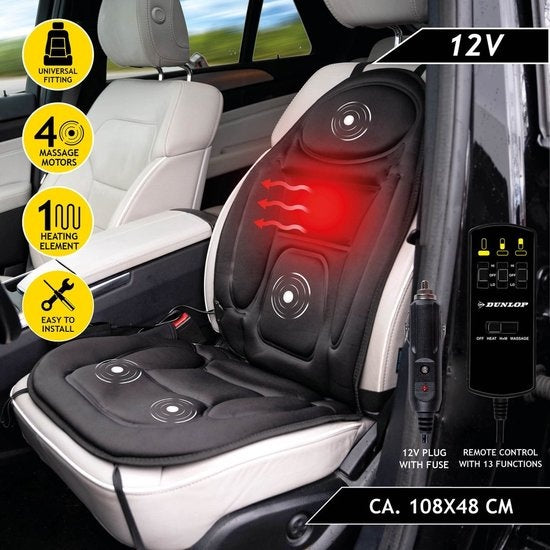 Dunlop Massagesitz Auto mit Heizfunktion - 108 x 48 CM - 4 Massagemotoren und 1 Heizelement - Anschluss an Zigarettenanzünder Auto - Fernbedienung mit 13 Stufen - Schwarz
