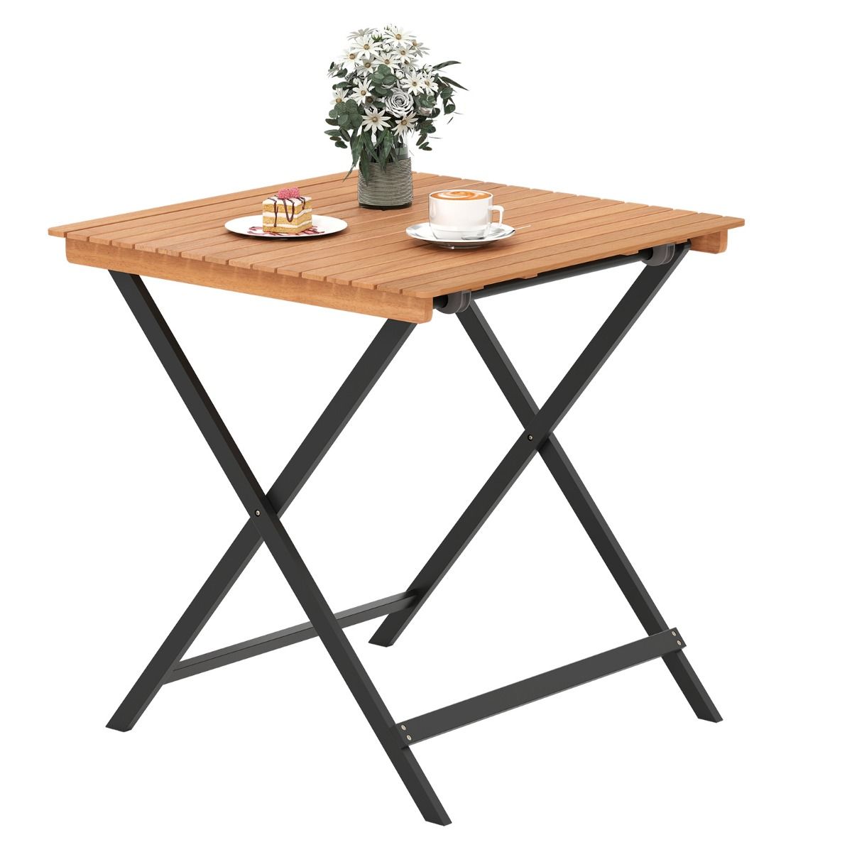 Coast Klappbarer Beistelltisch – X-förmiges Gestell – Akazienholz – Natur und Schwarz – 70 x 70 x 73 cm