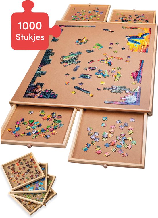 Diydash Puzzlebrett & Puzzletisch - 1000 Teile - 83 x 64 cm - Mit 4 Sortierschubladen & Aufbewahrungssystem - Holz - Braun
