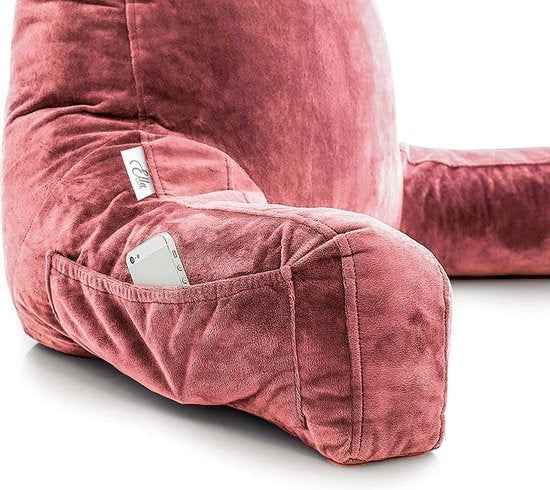 EL Life Lesekissen mit Nackenrolle - Entspannungskissen - Sitzkissen - Stütze für den unteren Rücken - Faulenzer-Lesekissen - Samt korallenrosa