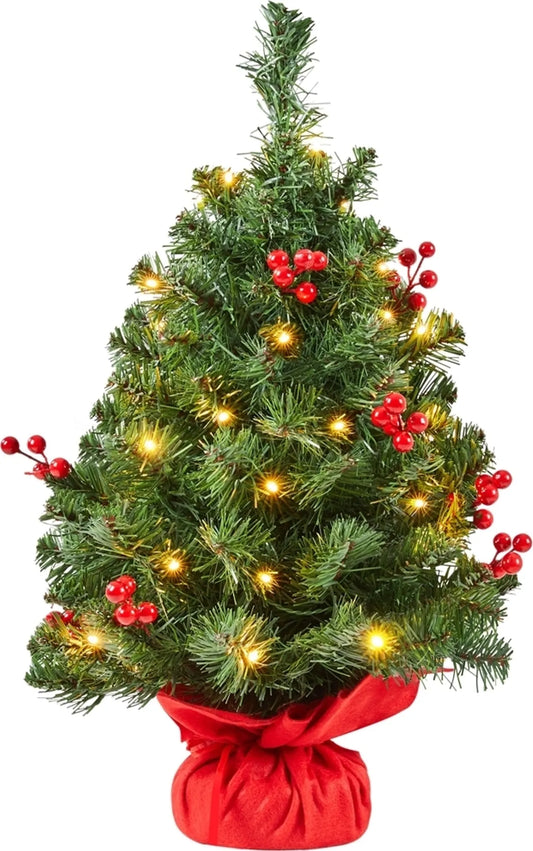 Yaheetech Tisch-Weihnachtsbaum mit Lichtern - 38 x 38 x 60 cm - Mit 35 LED-Lichtern und 40 roten Beeren und Betonsockel mit rotem Tuch - Für Sideboard und Büro - Grünes PVC und Beton