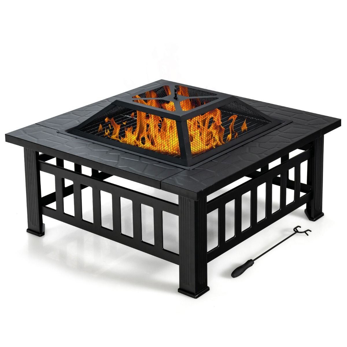 Coast quadratische Feuerstelle – 3-in-1-Feuerschale mit Tischfunktion – mit Grillrost und Eiskübel – schwarz 81 x 81 x 50 cm