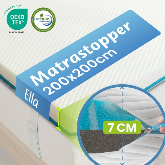 Ella Matratzenauflage 200 x 200 cm – 7 cm dicke Matratzenauflage – Matratzenauflage aus gelinfundiertem Memory-Schaum und Aircell-Schaum – mittlere Härte