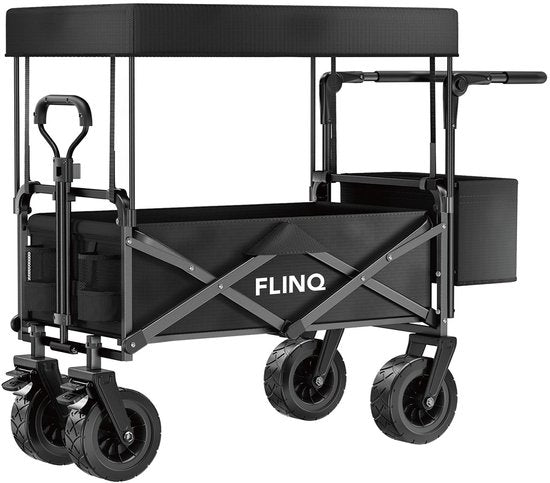 FlinQ Bolderkar mit Dach bis zu 130 KG - faltbar - Strandtrolley mit Schiebestange - zusammenklappbarer Strandtrolley - 100L Kapazität mit Schwenkrädern - Schwarz