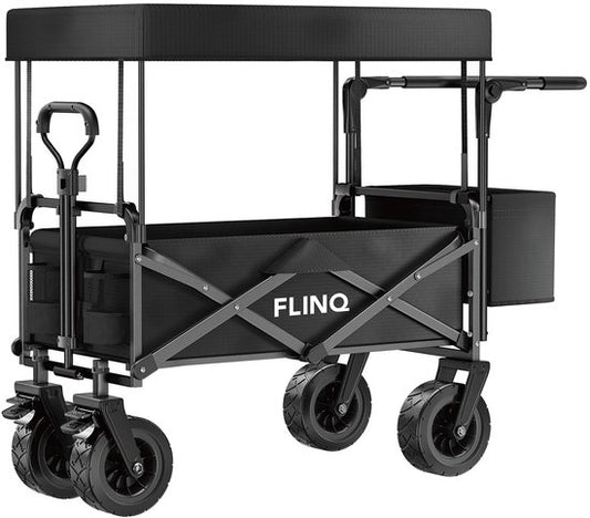 FlinQ Bolderkar mit Dach bis zu 130 KG - faltbar - Strandtrolley mit Schiebestange - zusammenklappbarer Strandtrolley - 100L Kapazität mit Schwenkrädern - Schwarz