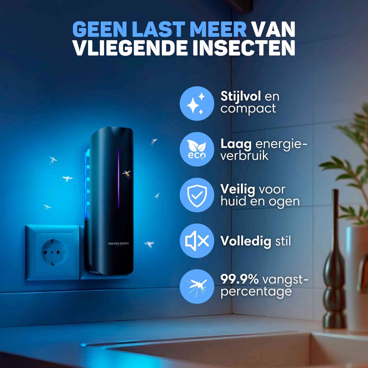 Vulpes Goods® Repellent Mückenlampe 9x9x25cm - Grau - UV-LED Fliegenlampe mit Klebestreifen - Geräuschlos, geruchlos & giftfrei - Inklusive 10 nachfüllbaren Klebeblättern - Für den Innenbereich