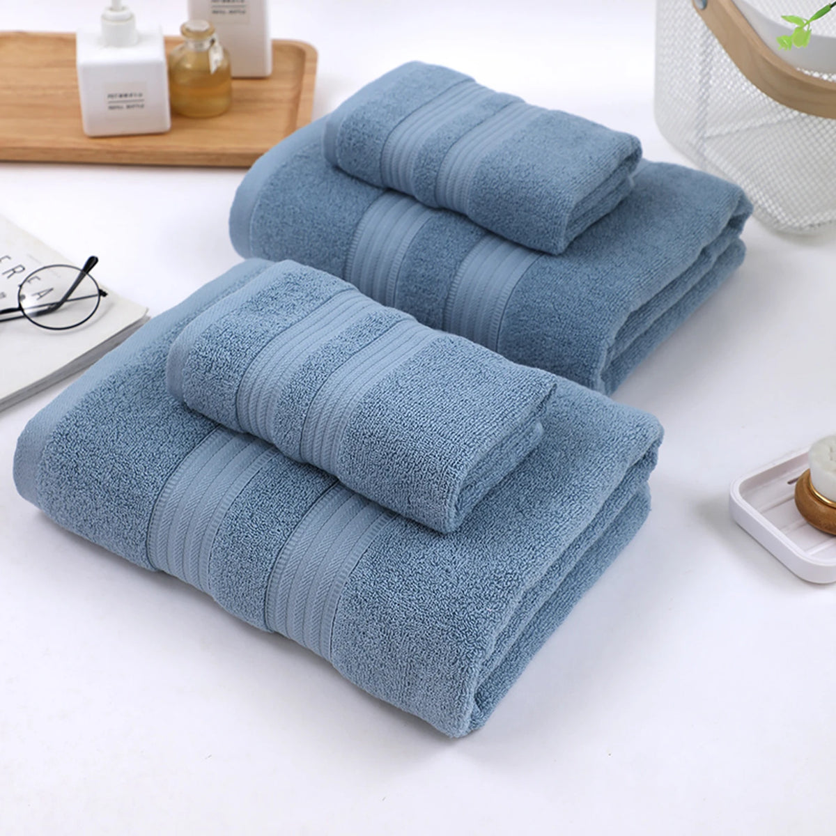 Tuqiang Badetuch-Set, 4er-Set – Blau – 100 % Baumwolle, gebürstetes Garn