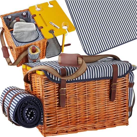 tectake® komplettes Picknickkorb-Set Texel - Luxuriöses 24-teiliges Picknick-Set für 2 Personen - Weiden-Picknickkorb mit Picknick-Teppich - Inklusive Kühlbox, Tellerset, Kunststoff-Weingläsern und Edelstahl-Besteck