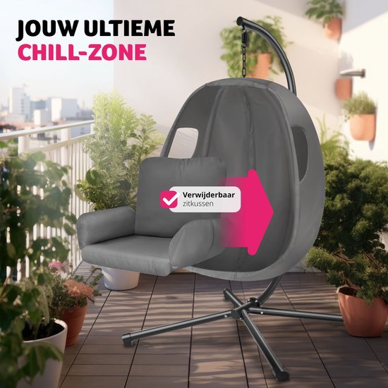 tectake Hängesessel mit Gestell - Schaukelstuhl mit Kissen + Rückenkissen - Möbel für Wohn- oder Schlafzimmer - Balkonmöbel - Für drinnen oder draußen - Bis 160 kg - Anthrazit