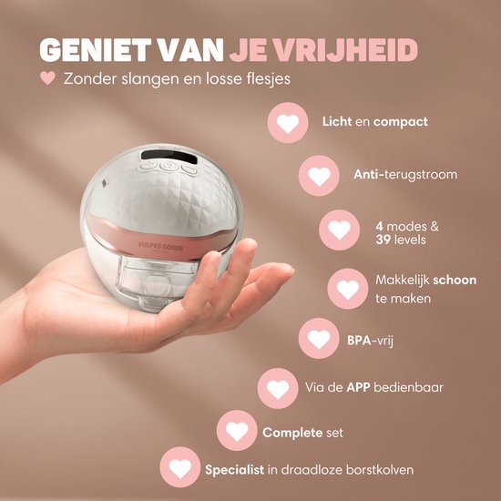 Vulpes Goods BabyCare Double Breast Pump PRO V2 - Elektrische Milchpumpe - App Steuerung - 150 ml - USB-C Wiederaufladbar - Weiß/Rose Gold