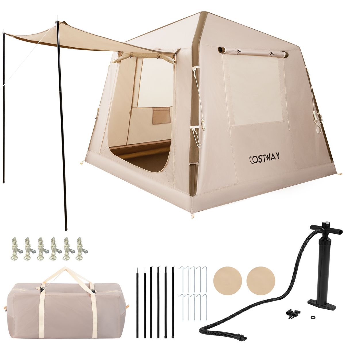 Coast Aufblasbares Campingzelt – 2 bis 4 Personen – Inklusive Pumpe und Tragetasche – Khaki – 210 x 210 x 180 cm