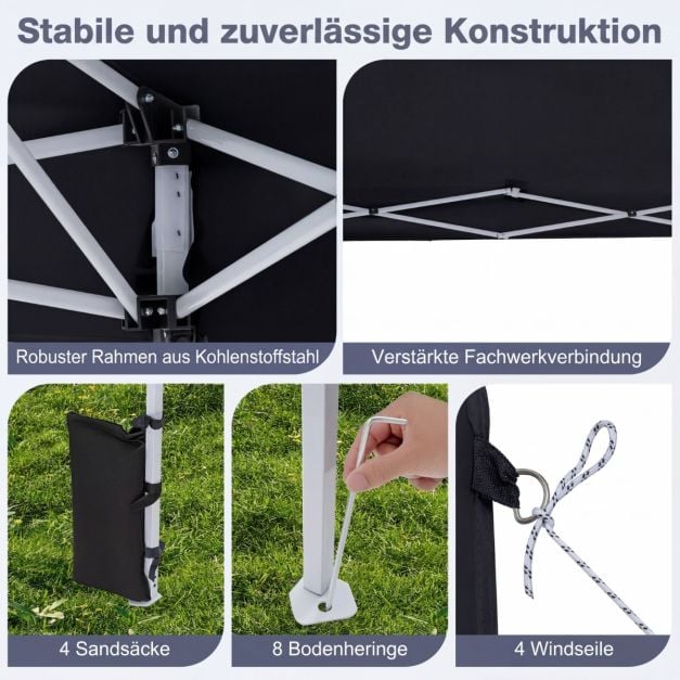 Coast Pop-Up-Partyzelt 290 × 290 cm – Zusammenklappbarer Pavillon mit 3 Höhenstufen, Tragetasche, Abspannleinen und Heringe – Schwarz