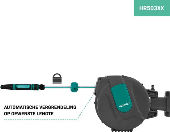 VONROC Wand-Schlauchbox - Inkl. 15m Gartenschlauch, Verbindungsschlauch, Tülle, Kupplungen & Wasserhahnanschluss - Automatisches Aufrollsystem