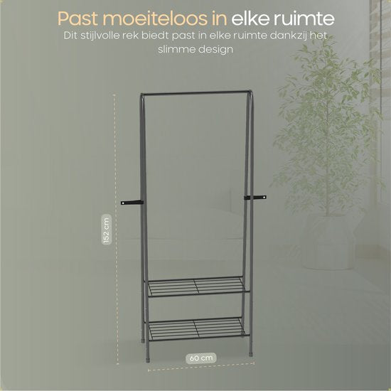 O'DADDY® Kleiderständer stehend - Aufbewahrungsregal 2 Lagen - Schuhregal - Garderobenständer mit Kleiderstange - Kleiderständer - 60 x 36 x 152 cm - Schwarzes Metall
