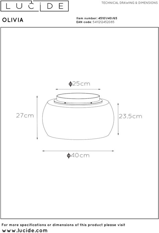 Lucide OLIVIA – Deckenleuchte – Ø 40 cm – 3xE27 – Rauchglas