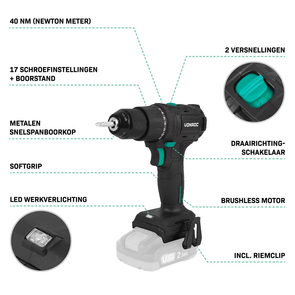 VONROC PRO Akkubohrmaschine 20V - 40 Nm - Bürstenloser Motor - 17 Schraubmodi + Bohrmodus - Inkl. 2 Bits - Ohne Akku und Schnellladegerät