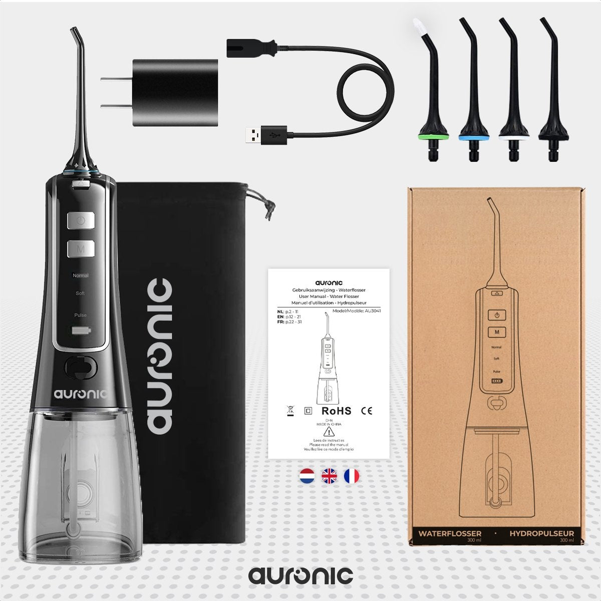 Auronic Water Flosser - Elektrisch - Munddusche Zahnzwischenräume - 3 Stufen - 4 Düsen - 300 ml - Schwarz