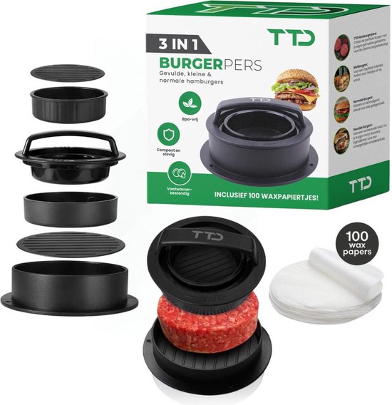 TTD® Hamburgerpresse und Hamburger Maker - Smash Burger - Grillrillen - BBQ-Zubehör - Burgerpresse - Grillzubehör - Burgerpresse - auch für Mini-Burger und gefüllte Burger - spülmaschinenfest - BPA-frei - inkl. 100 Wachspapiere - Schwarz