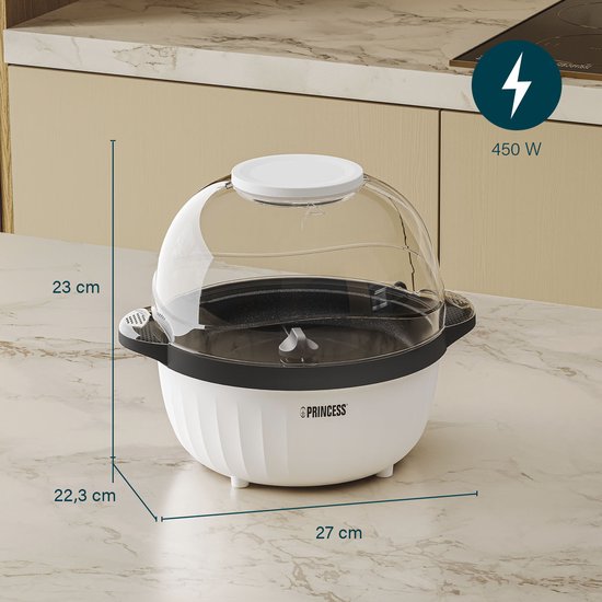Princess 292980 Popcornmaker – Popcornmaschine 450 W - Transparenter Deckel - Servierschale - Rund - Knuspriges und gesundes Popcorn - mit Messbecher - mit Schmelzplatte für Butter - Öl kann hinzugefügt werden - Kinderparty