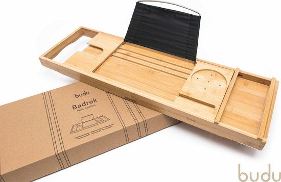 Budu Badebrett Bambus - Badebrett Holz - Badebrett für die Badewanne - Verstellbar / Ausziehbar - Badeständer - Bambus Badeständer - 70-105 cm