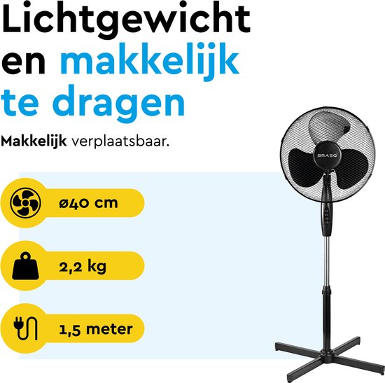 BRASQ Stativventilator - 40 cm - Schwarz - Höhenverstellbar - 3 Geschwindigkeiten - 40 Watt
