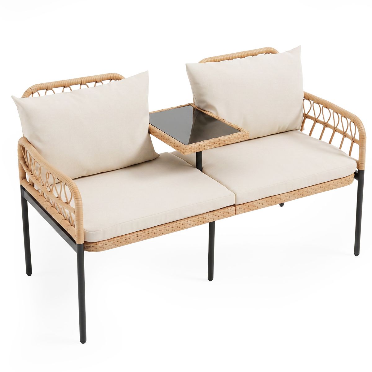 Coast Gartenbank mit Kissen – 2-Sitzer-Balkonbank – integrierter Glastisch – naturfarbenes Polyrattan – 137 x 64 x 84 cm