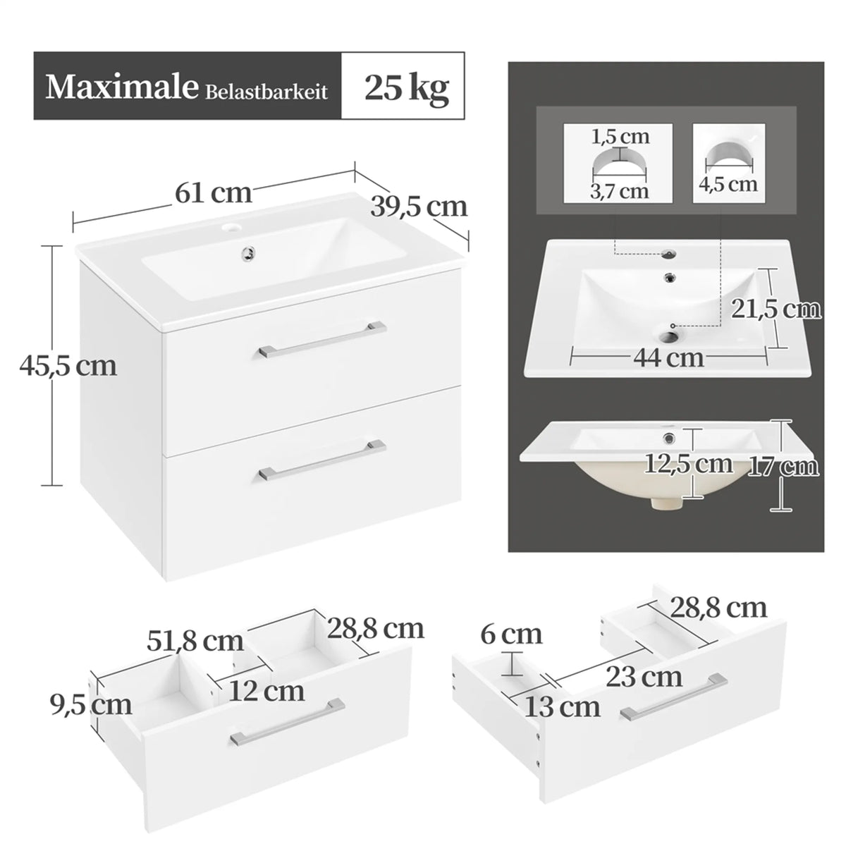 Yaheetech Hängender Waschtischunterschrank mit Keramikwaschbecken – 2-teilig – 61 x 39,5 x 45,5 cm – Weiß