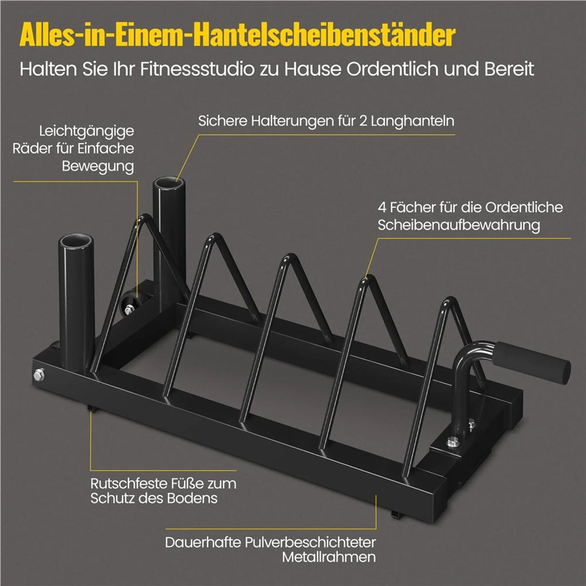 Yaheetech Halter Rack für Hanteln und Stangen - Ausgestattet mit 4 Ablagefächern und 2 Halterungen und Transportrollen - Für Olympische Hanteln und Gewichte - Schwarzes Metall - 94 x 33 x 30 cm