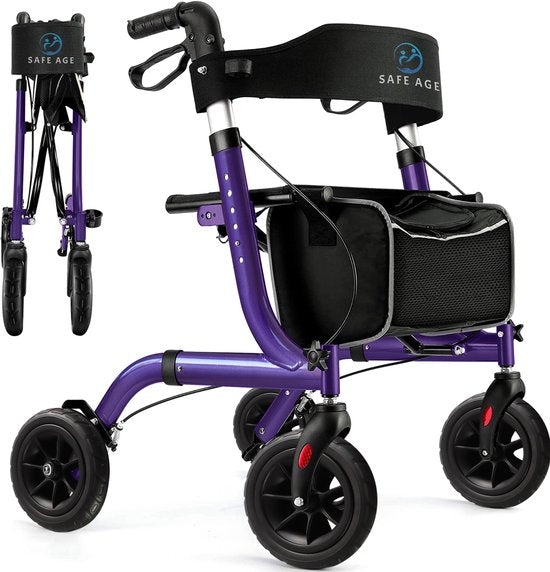 Safe Age® Rollator, leicht und zusammenklappbar – Gummiräder – Sitzfunktion – für drinnen und draußen – Rückenlehne und Gehstockhalterung – Lila