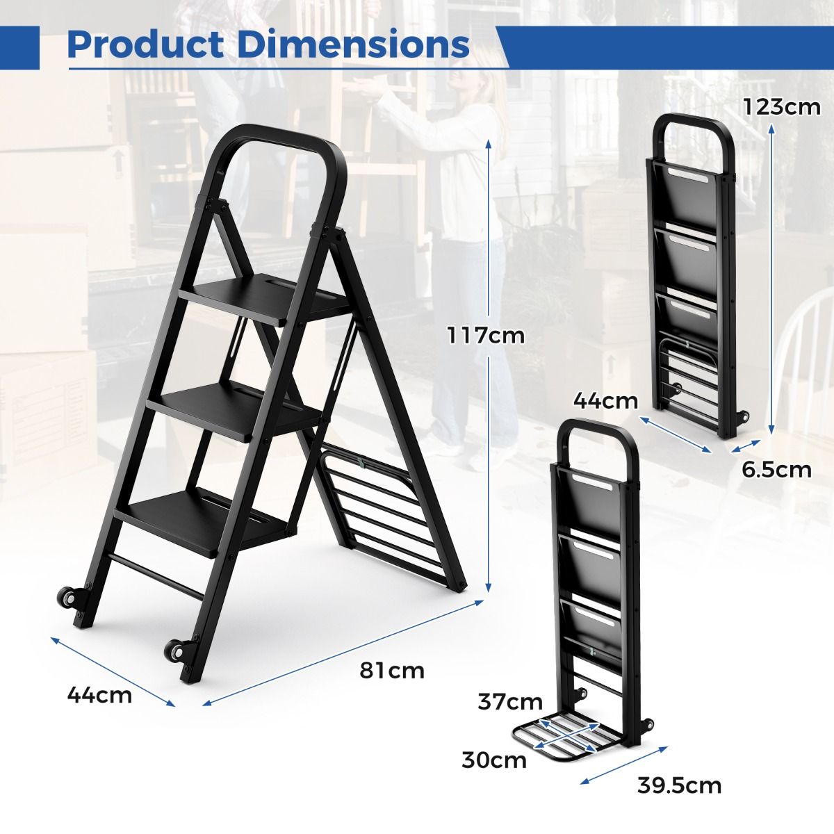 Coast Klappleiter und Transportwagen – 2-in-1-Design – 3 breite Sprossen – Schwarz