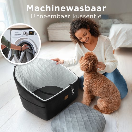CozySense® Hundeautositz - Hundekorb für kleine Hunde - Vorder- und Rücksitz - mit Sicherheitsgurt, Staufach und waschbarem Bezug - Schwarz/Grau