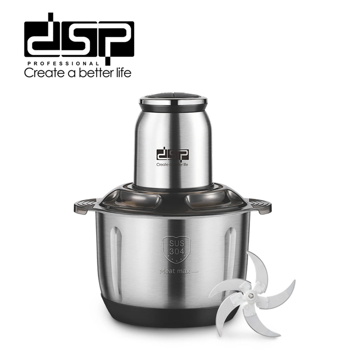 DSP Küchenmixer KM4108 – 5 Liter – 500 W – Schüssel aus Edelstahl 304 – Fünfklingiges Messer – 2 Geschwindigkeitsstufen – Kupfermotor